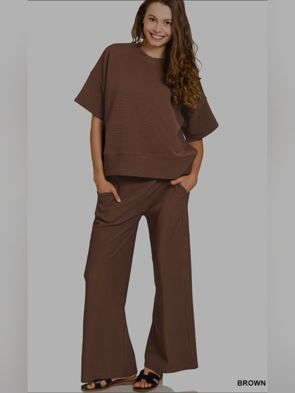 Zenana Ribbed Set-brown - Picture 1 of 1